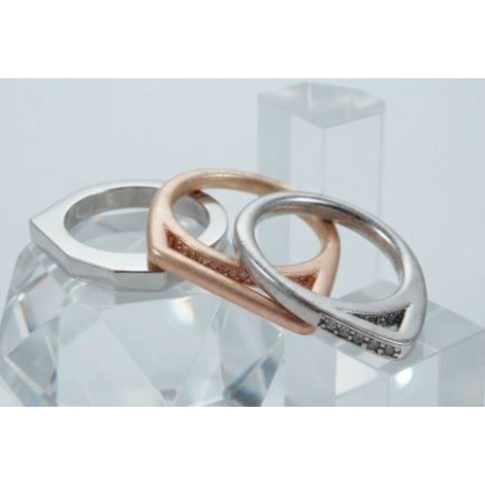 Designer Triple Stackable Geometric Tri Tone Pave Inlay Ring Set NWOT 98 Sz 6